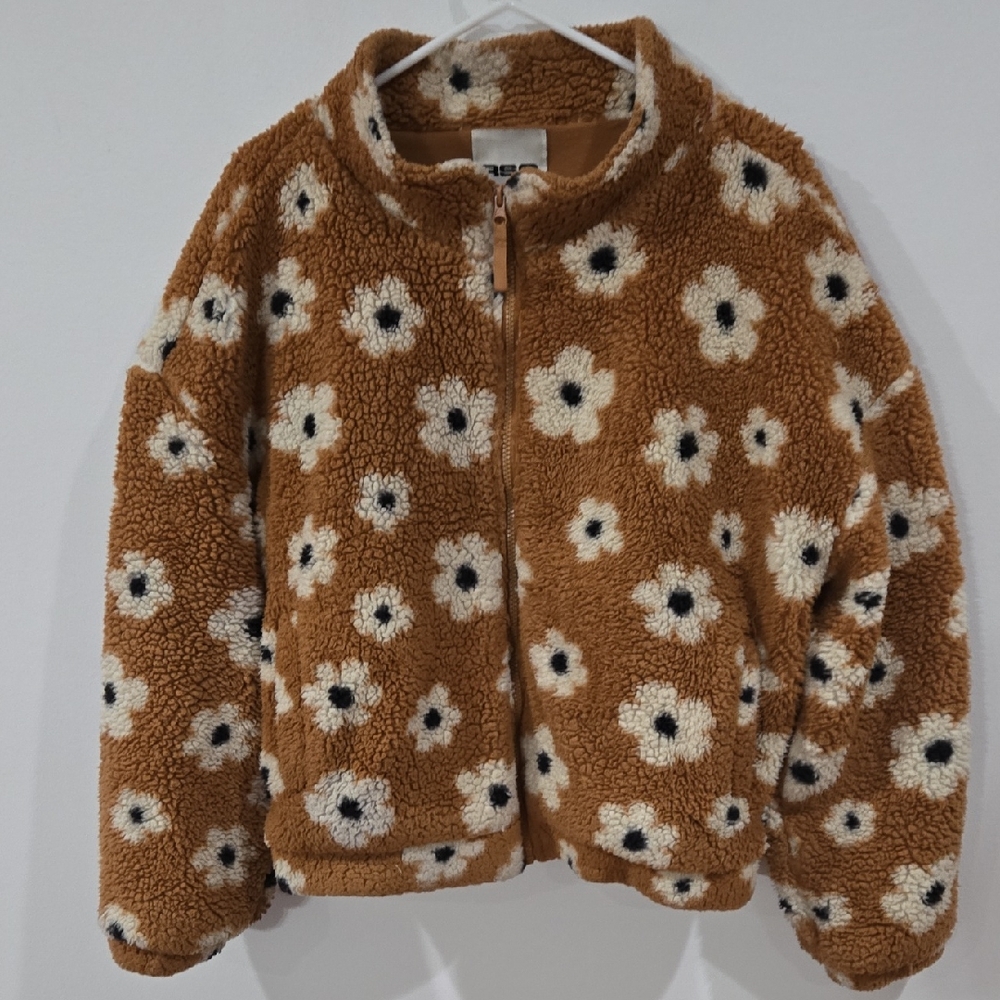 RSQ Sz Large Womens Tan Floral Teddy Jacket